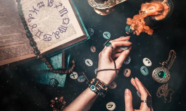 Ręce trzymają kamienie z runami, obok księga z symbolami zodiaku. To wszystko sugeruje, że godzina urodzenia numerologia może być kluczem do odczytania przyszłości.