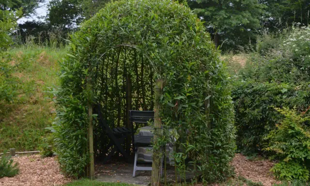 Un abri naturel formé par une **haie osier vivant**, avec des sièges et une table à l'intérieur, invitant à la détente.