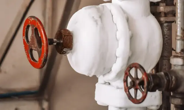 Válvulas de control de la presión de agua en casa, cubiertas de escarcha.