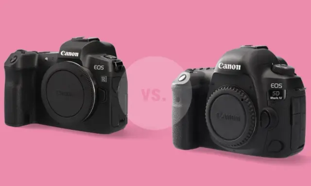 Dwa czarne aparaty Canon EOS R i EOS 5D Mark IV na różowym tle.