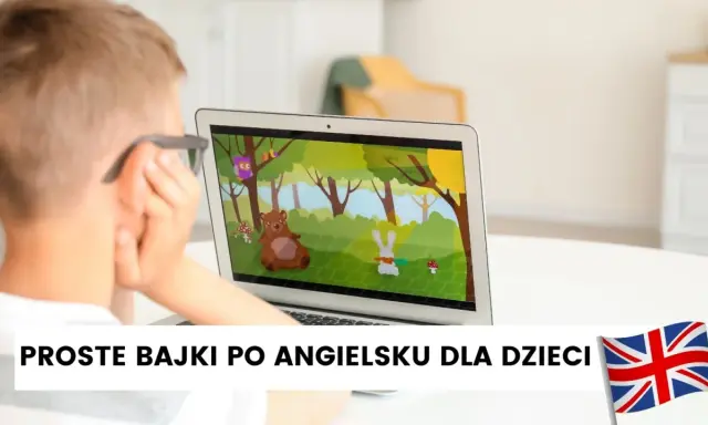 Chłopiec ogląda bajki po angielsku dla dzieci na laptopie. Na ekranie wesoła grafika z misiem i zającem.