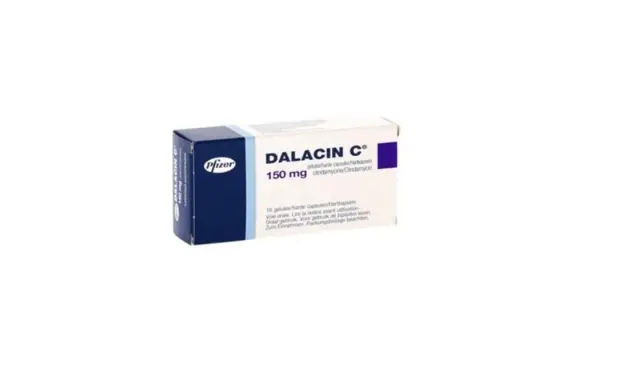 Opakowanie leku Dalacin C 150 mg, zawierającego klindamycynę, stosowanego w leczeniu infekcji bakteryjnych.