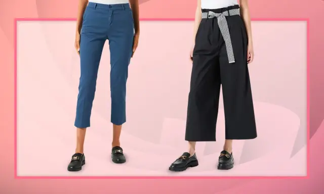 Due modelli di pantaloni cropped outfit: blu slim fit e neri ampi con cintura.