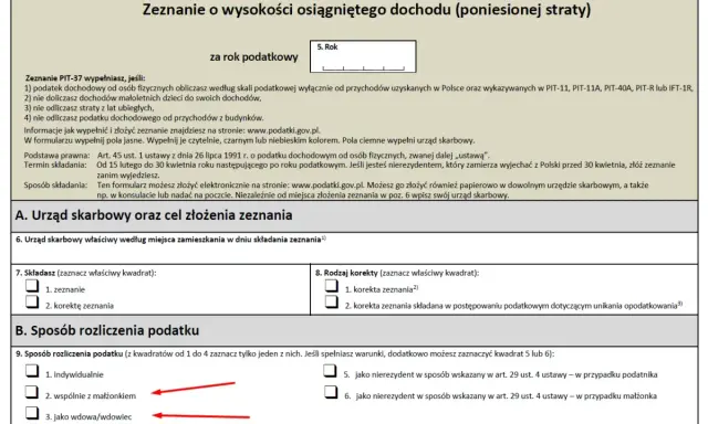 Formularz PIT-37, sekcja "Sposób rozliczenia podatku". Zaznaczone opcje "wspólnie z małżonkiem" i "jako wdowa/wdowiec" mogą sugerować podział majątku po śmierci lub rozwodzie, co jest istotne dla firmy męża.