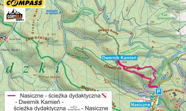 Mapa turystyczna z zaznaczoną ścieżką dydaktyczną "Dwernik Kamień" prowadzącą przez malownicze tereny górskie.