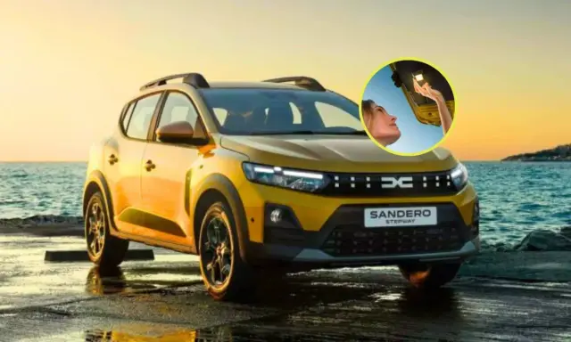 El Sandero Stepway 2026 amarillo, listo para la aventura junto al mar. Una mujer abre el maletero, iluminando el camino.