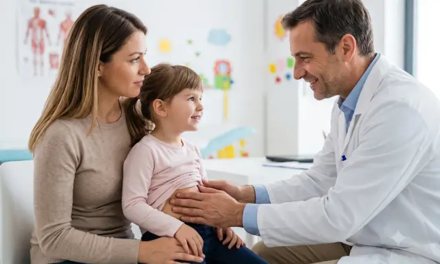 Medico esamina addome bambina con madre, preoccupati per possibile tumore di Wilms.