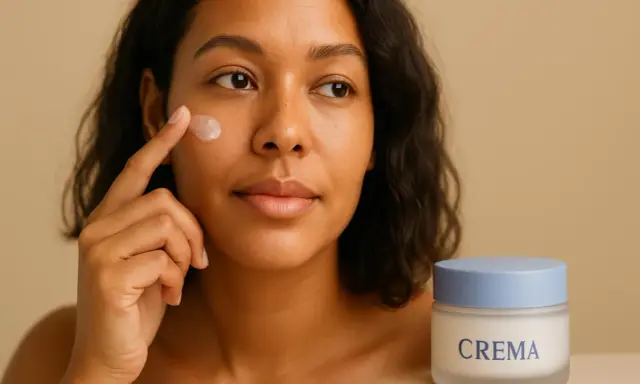 Donna applica crema idratante sul viso, prendendosi cura della sua pelle delicata. Un vasetto di crema è accanto a lei.