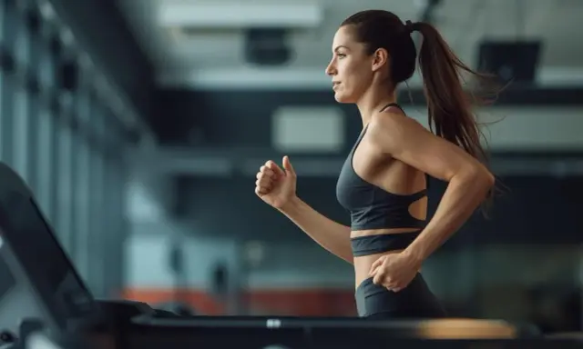 Frau im Fitnessstudio beim Laufband Training, konzentriert und in Bewegung.