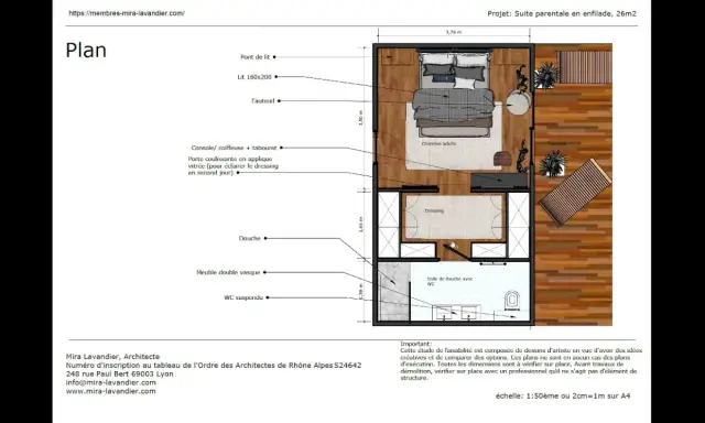 Plan d'une suite parentale en enfilade de 26m2, comprenant chambre, dressing, salle de douche et terrasse.