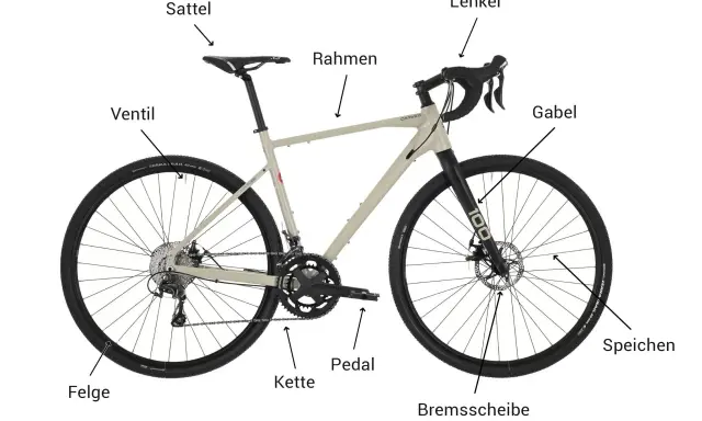 Der Aufbau eines Fahrrads: Rahmen, Lenker, Gabel, Sattel, Felge, Kette, Pedal, Bremsscheibe, Speichen und Ventil sind beschriftet.