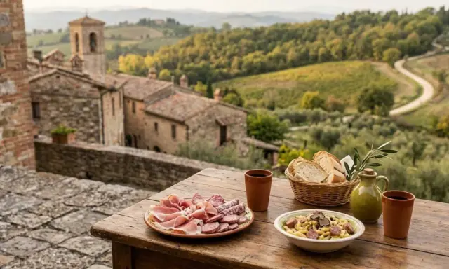 Un perfetto weekend in Umbria: salumi, pasta al tartufo e pane fresco con vista su borgo e colline.