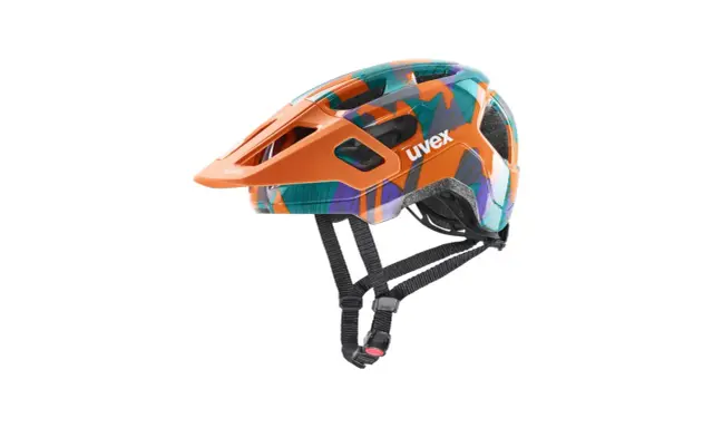 Kask rowerowy Uvex w rozmiarze 52-56 cm, idealny dla dziecka w wieku około 5-8 lat. Wielokolorowy, z pomarańczowym daszkiem.