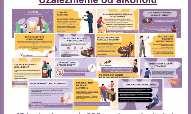 Plakat o szkodliwości alkoholu. Dowiedz się, czym jest alkohol, dlaczego ludzie po niego sięgają i jak wpływa na ciało i umysł.