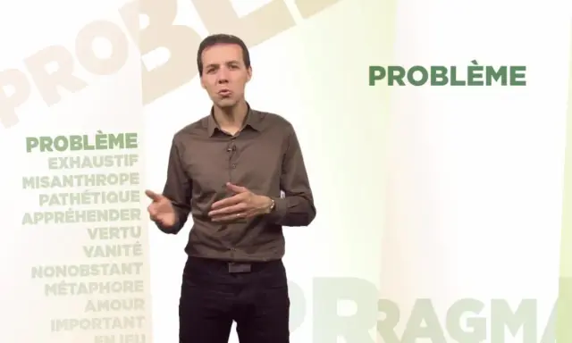 Un homme parle devant une liste de mots, dont "problème" et son synonyme.