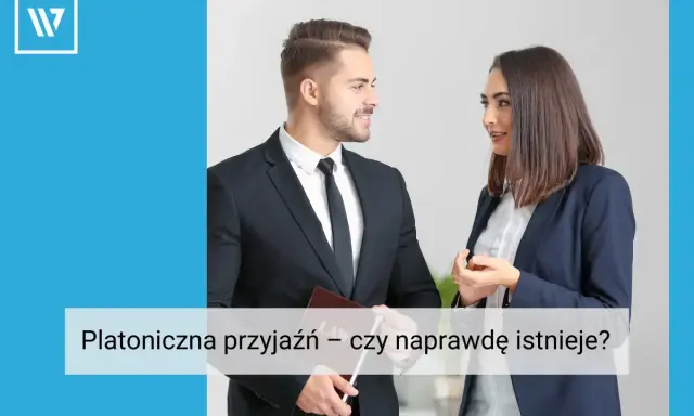 Mężczyzna i kobieta w garniturach rozmawiają, zastanawiając się nad platoniczną przyjaźnią.