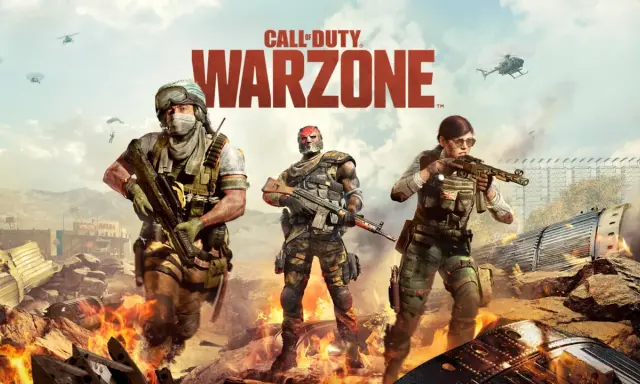 Trzech żołnierzy Call of Duty Warzone na tle płonących ruin i helikopterów. Gra waży ok. 100 GB.