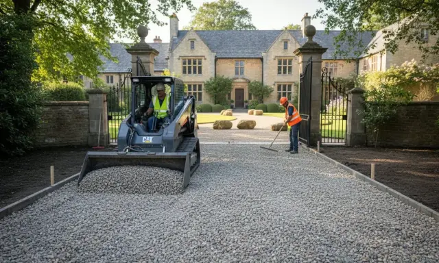 Un mini-escavatore scarica ghiaia per creare un vialetto giardino ghiaia davanti a una villa. Un operaio livella la ghiaia con un rastrello.