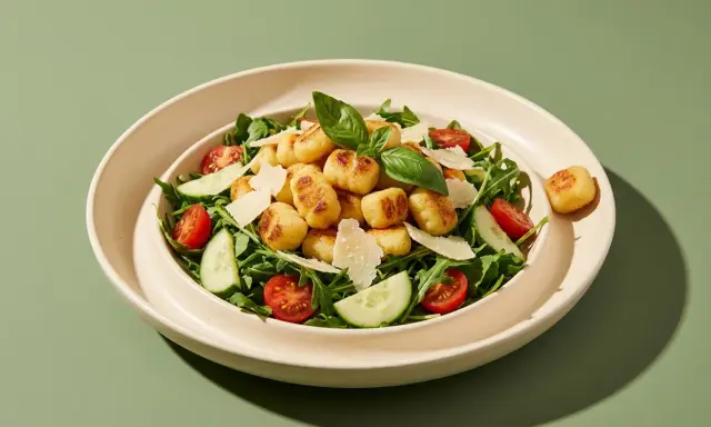 Luftiger Gnocchi Salat mit Kirschtomaten, Gurke, Rucola und Parmesan. Perfekt aus der Heißluftfritteuse!