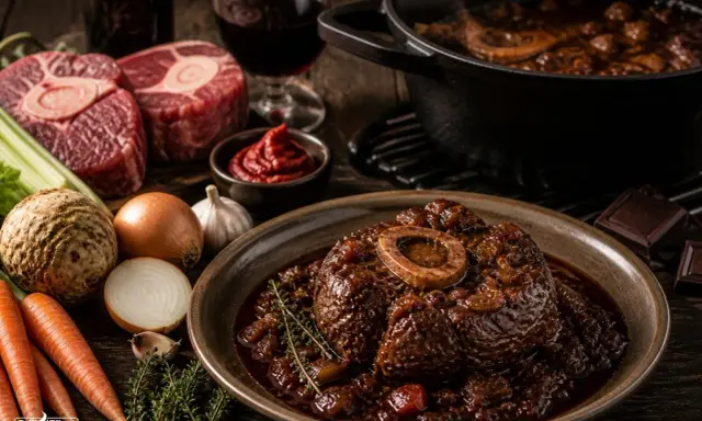 Ein Teller mit köstlichem Ossobuco vom Rind, daneben rohes Fleisch, Gemüse und ein Glas Rotwein.