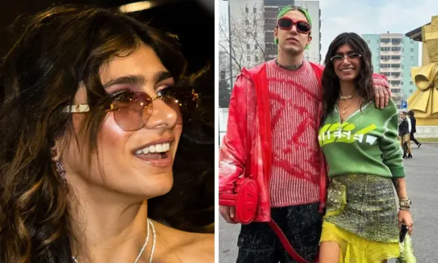 Zabson i Mia Khalifa pozują razem, oboje w modnych, kolorowych stylizacjach.
