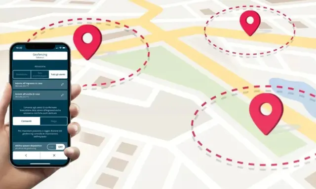 App per geofencing mostra la navigazione in tempo reale con pin su una mappa. Imposta zone e azioni automatiche.