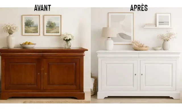 Avant/après : un meuble buffet en bois vernis transformé en blanc éclatant. Une belle rénovation de meuble bois pour un style plus lumineux.