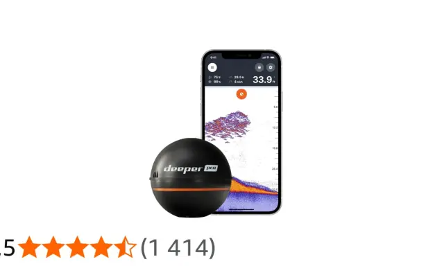 Sonar Deeper PRO i smartfon z aplikacją pokazującą głębokość i strukturę dna. Idealny do łowienia ryb, zapewnia głębszy start w wędkarskie przygody.
