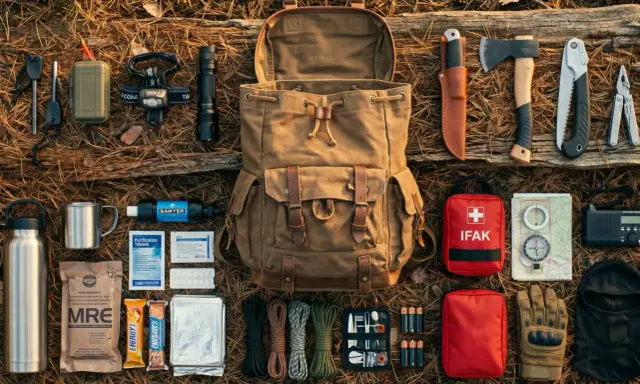 Preppers kto to? Zestaw survivalowy: plecak, nóż, siekiera, latarka, apteczka, mapa, kompas, racje żywnościowe, termos, filtr do wody, baterie.
