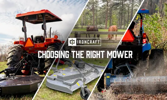 Collage showcasing different types of mowers for tractors, from rotary cutters to finish mowers, helping you choose the right one.