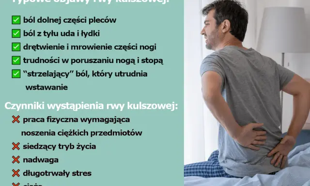 Mężczyzna z bólem w dolnej części pleców, trzymający się za krzyż.