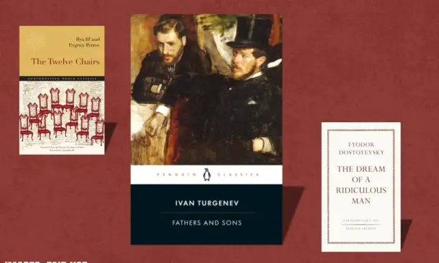Okładki książek: "The Twelve Chairs", "Ojcowie i synowie" Iwana Turgieniewa, "Sen śmiesznego człowieka" Dostojewskiego.