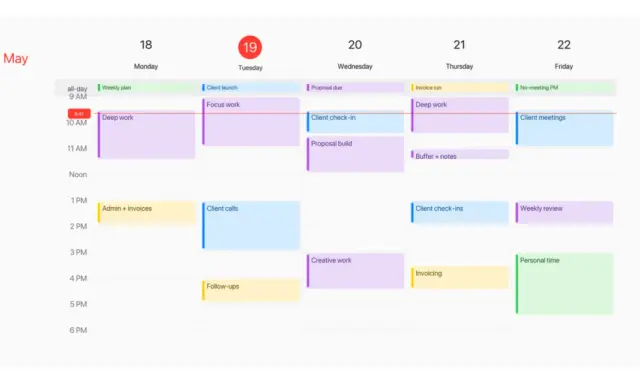 Calendrier affichant des tâches organisées par jour et par heure, avec des blocs colorés pour "Deep work", "Client calls", etc.
