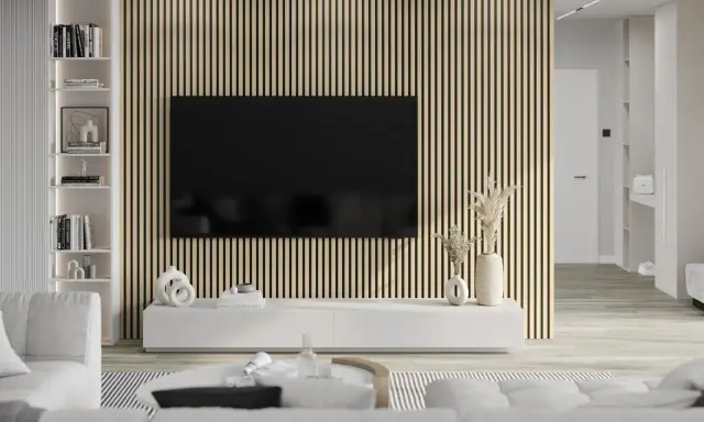 Nowoczesne lamele w salonie aranżacje tworzą przytulną atmosferę. Elegancka biel mebli i subtelne dodatki.