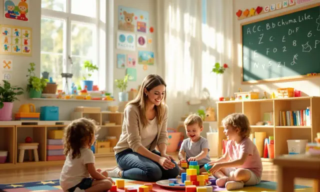 Uśmiechnięta przedszkolanka bawi się klockami z dziećmi. Choć nie wiemy, ile zarabia przedszkolanka, jej praca daje radość.