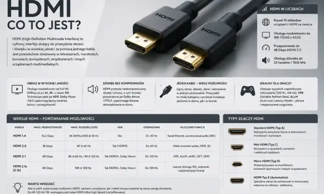Czy kabel HDMI ma znaczenie? Tak, wersja kabla HDMI wpływa na jakość obrazu i dźwięku, obsługę 8K, HDR i wysokie odświeżanie.