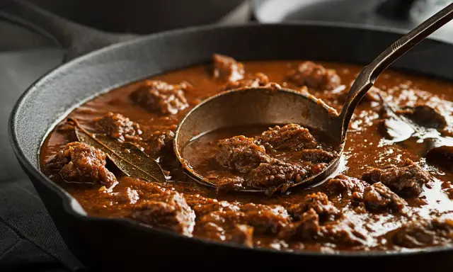 Un ricco spezzatino, uno dei piatti tipici del Friuli Venezia Giulia, servito in una padella di ghisa con un mestolo.