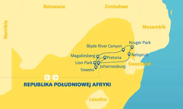 Mapa turystyczna południowej Afryki, pokazująca trasę przez Botswanę, RPA, Zimbabwe, Mozambik i Swazi.