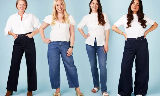 Four women showcase different jean types: wide-leg dark wash, cropped wide-leg blue, straight-leg blue, and ultra-wide dark wash.