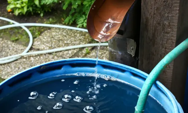 Zbieranie deszczówki na balkonie. Woda z rynny spływa do niebieskiej beczki, tworząc bąbelki.