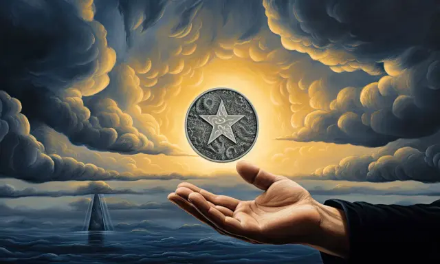 Dłoń trzyma monetę z gwiazdą, jak w talii monet tarot, na tle burzowych chmur i morza.