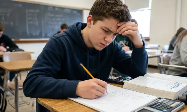 A frustrated student with hand on forehead, writing in a notebook in a classroom.