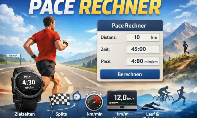 Läufer mit Laufuhr und Pace Rechner. Anzeige zeigt 10 km in 45 Min. bei 4:80 min/km. 6er Pace in km/h wird berechnet.