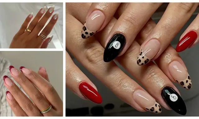 Dłonie z paznokciami w kształcie migdała: białe z cyrkoniami, czerwone, w panterkę, z motywem kuli bilardowej nr 8 i klasyczny french manicure.
