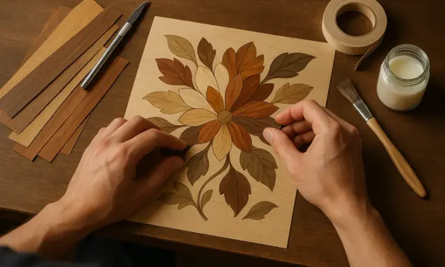Mains ajustant des pièces de bois pour une marqueterie contemporaine florale. Outils et échantillons de bois à proximité.