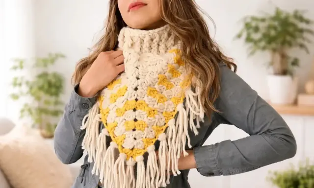 Bufandas de ganchillo fáciles con flecos, en crema y amarillo, lucen geniales.