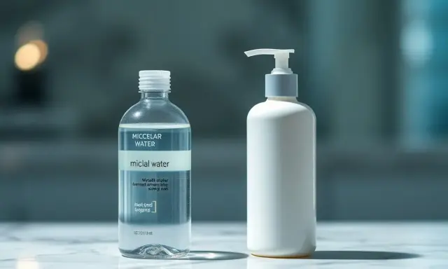 Due flaconi sul marmo: uno trasparente con acqua micellare, l'altro bianco con un erogatore.