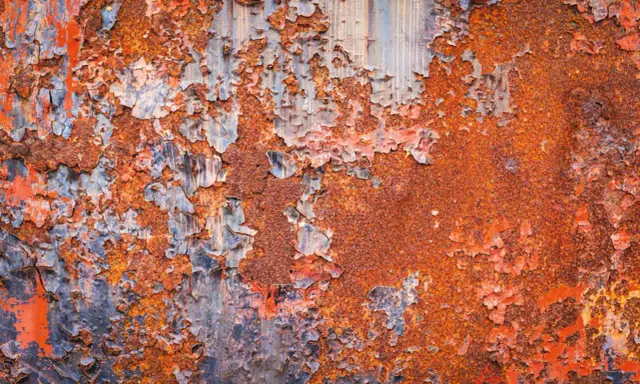 Texturen av gammal färg som flagnar från rostigt metall. En konstnärlig studie i att måla på rost.