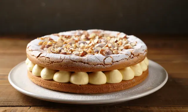 Gâteau dacquoise aux amandes, garni de crème onctueuse et saupoudré de sucre glace. Une délicieuse recette à essayer !