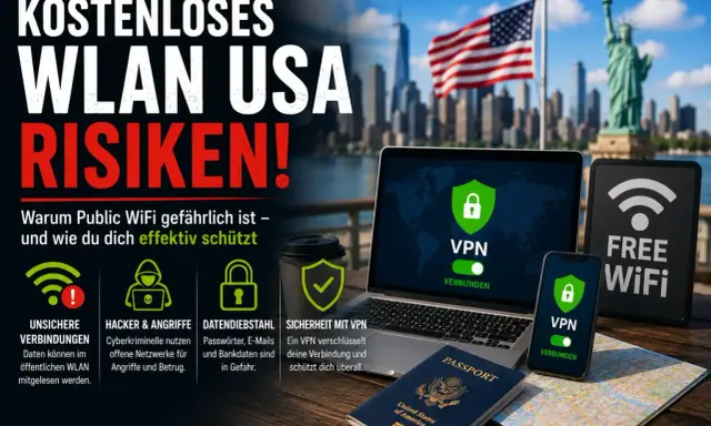 Kostenloses WLAN in den USA birgt Risiken wie einen "evil twin attack". Laptop, Handy, Pass und Karte zeigen VPN-Schutz vor Hackern.